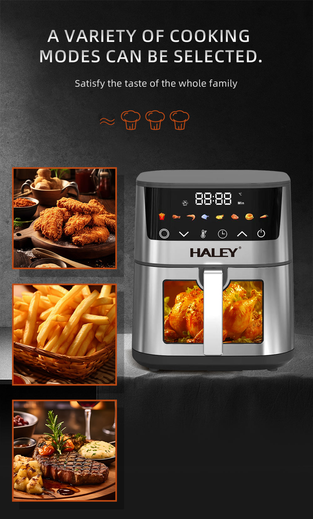 Friteuză cu Aer Cald HALEY 7L, 2000W cu Gătire 360°, Ecran Tactil, Geam de Vizualizare 180°, 8 Programe – Gătit Sănătos și Crocant fără Ulei